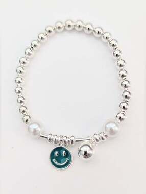 NWOT Silver Beaded Bracelet w/Teal Smiley/Happy Face Charm & Pearl Accents